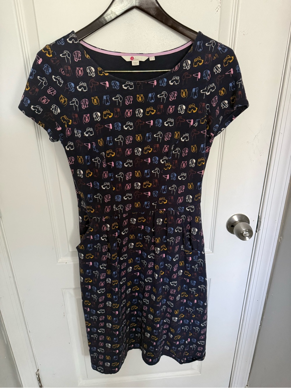 Boden Navy Short-Sleeve Dress with Multicolor Novelty Print